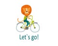 Cute Lion king rabbit on bike goes for a walk. Children card, sticker, party invitation, print for baby clothes