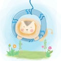 Cute lion playing swing illustration design