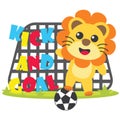 Cute lion plays football kick and goal cartoon illustration for kid t shirt design