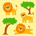 Cute lion set. Wild animal. Cartoon character. Colorful vector illustration. Isolated on color background. Design element. Royalty Free Stock Photo