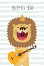 Cute lion sings and plays guitar birthday card