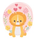 Cute lion sitting with flowers hearts cartoon animals