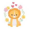 Cute lion sitting with flowers hearts cartoon animals