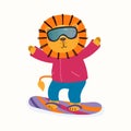 Cute lion snowboarding in winter
