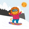 Cute lion snowboarding in winter