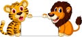 Cute lion and tiger cartoon with blank sign Royalty Free Stock Photo