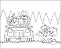 Cute lion and tiger cartoon having fun driving a off road car in mountain on sunny day. Cartoon isolated vector illustration, Royalty Free Stock Photo