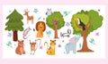 Cute lion tiger deer elephant bear monkey owl trees animals forest nature wild cartoon