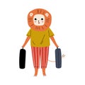 Cute Lion Tourist Standing with Suitcases, Funny Humanized Animal Cartoon Character with Luggage Going on Vacation