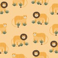 Cute lions with funny eyes and green bush. Savannah animals. Seamless pattern. Royalty Free Stock Photo