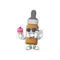 Cute liquid bottle cartoon character enjoying an ice cream