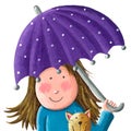 Cute litle girl with cat and purple umbrella