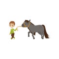 Cute litlle boy walking horse, equestrian sport concept cartoon vector Illustration on a white background