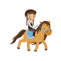 Cute litlle girl riding a horse, equestrian sport concept cartoon vector Illustration on a white background