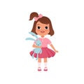 Cute litlle girl with toy bunny, stage of growing up concept vector Illustration on a white background