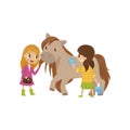 Cute litlle girls taking care of they horse, equestrian sport concept cartoon vector Illustration on a white background Royalty Free Stock Photo