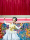 Cute little actress. child girl in Princess costume on the show in school activity day Royalty Free Stock Photo