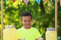 Cute little African-American boy with money at lemonade stand. Summer refreshing natural drink Royalty Free Stock Photo