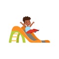 Cute little african american boy sliding down the slide, kid having fun on playground vector Illustration on a white Royalty Free Stock Photo