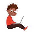 Cute Little African American Boy Using Laptop Computer, Online Education or Courses, Kid Programmer Character Cartoon
