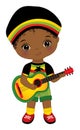 Cute Little Reggae African American Boy Wearing Rastafarian Outfit Playing Guitar. Vector Reggae Black Boy with Guitar