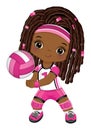 Cute Little African American Girl Playing Volleyball. Vector Little Black Volleyball Player