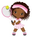 Cute Little Black Girl Wearing Pink and White Sport Outfit Playing Tennis. Vector Little Tennis Player Royalty Free Stock Photo