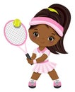 Cute Little Black Girl Wearing Pink and White Sport Outfit Playing Tennis. Vector Little Tennis Player Royalty Free Stock Photo