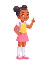 Little African American school girl index finger pointing up with idea. Cartoon vector illustration. Royalty Free Stock Photo