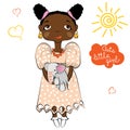 Cute little African girl in dress holding elephant toy. Cartoon style Royalty Free Stock Photo