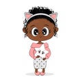 Cute little afro girl, wearing sleep pajamas, Cute baby illustration, For card design, Printing on textiles, on a t