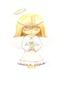 Cute little angel girl with closed eyes in cartoon style. Clipart on a white isolated background. Watercolor illustration Royalty Free Stock Photo