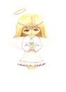 Cute little angel girl with open eyes in cartoon style. Clipart on a white isolated background. Watercolor illustration Royalty Free Stock Photo