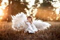 Cute little angel girl in white clothes, dress and wings, standing where the light of sunset, the sun& x27;s rays in the Royalty Free Stock Photo