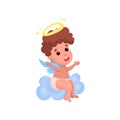 Cute little angel playing on a cloud, sweet male cupid sitting on a cloud cartoon vector Illustration Royalty Free Stock Photo