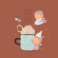Cute Cartoon Little Angels making Magic Christmas Coffee