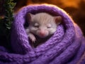 Cute little animal sleeping in violet blanket