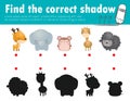 Cute little animals ,Find the correct shadow. Educational game for children, Shadow Matching Game for kids, Visual game for kid.