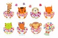 Cute little animals with flowers set Royalty Free Stock Photo