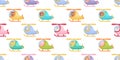 Cute little animals fly on helicopter seamless childish pattern. Funny cartoon animal character for fabric, wrapping Royalty Free Stock Photo