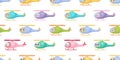 Cute little animals fly on helicopter seamless childish pattern. Funny cartoon animal character for fabric, wrapping Royalty Free Stock Photo