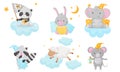 Cute Little Animals Preparing for Sleeping Under Starry Sky Resting on Clouds Vector Set