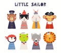 Cute little animals in sailor, pirate costumes set
