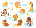 Cute little animals sleeping under a starry sky set, lovely chicken, cat, giraffe, horse, bear, deer, owl sleeping on
