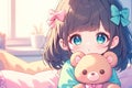 cute little anime girl with black hair hugs a toy bear in room