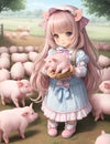 A cute little anime girl with the cute piglets in a farm, adorable, animal, printable, ultra HD