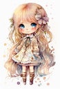 Cute little anime girl with long blond hair and blue eyes. Watercolor portrait on white background. Generative AI
