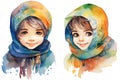 Cute little Arabic boy and girl, her cute accentuated by a vibrant and colorful veil, watercolor