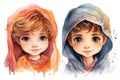 Cute little Arabic boy and girl, her cute accentuated by a vibrant and colorful veil, watercolor Royalty Free Stock Photo