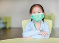 Cute little Asian child girl wearing a protective mask sitting on kid chair in children room Royalty Free Stock Photo